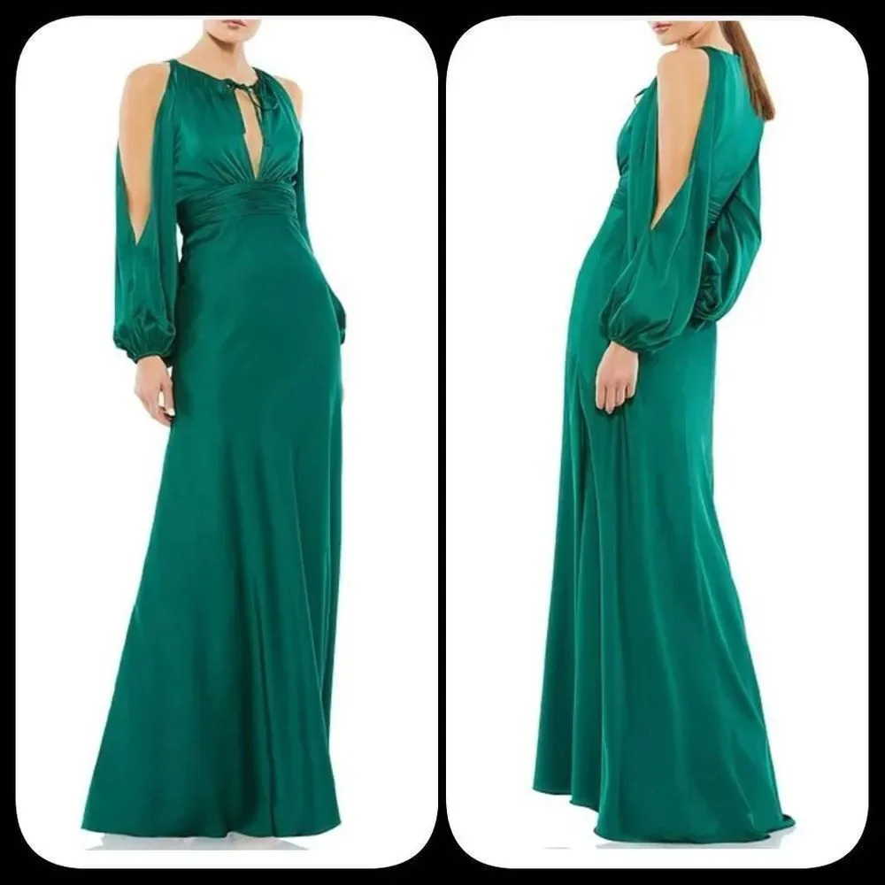 NWOT Ieena Mac Duggal Split Blouson Sleeve Cutout Gown
